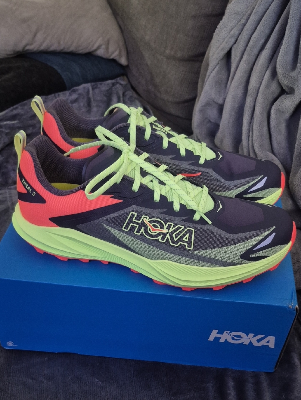 HOKA Zinal 3 Men’s Size 11.5 Trail Running Shoes Neon Lime Navy Coral NWT